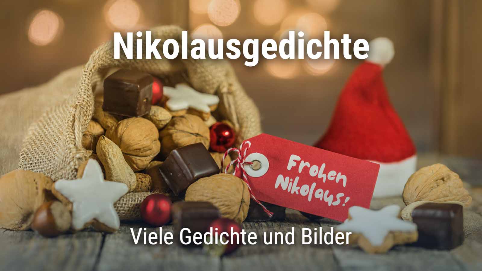 Nikolaussack mit Lebkuchen und Text "Nikolausgedichte. Viele Gedichte und Bilder"