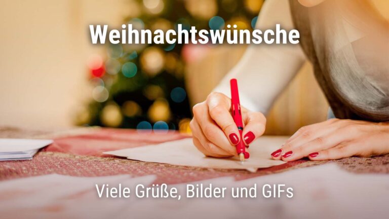 Frau, die auf einen Zettel schreibt mit weihnachtlichem Hintergrund und Text "Weihnachtsgedichte – Viele Grüße, Bilder und GIFs"