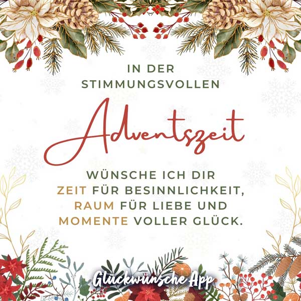 Weihnachtlicher Hintergrund mit Tannenzweigen und Spruch "In der stimmungsvollen Adventszeit wünsche ich dir Zeit für Besinnlichkeit, Raum für Liebe und Momente voller Glück."