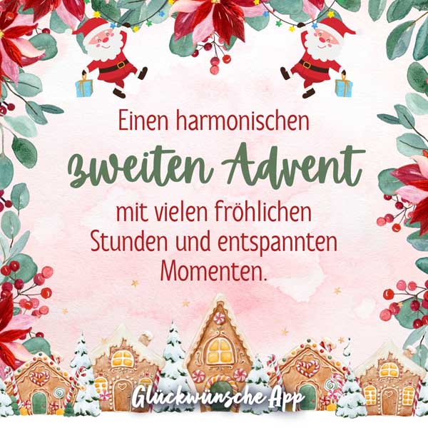 Weihnachtlicher roter Wasserfarben-Hintergrund mit Spruch "Einen harmonischen zweiten Advent mit vielen fröhlichen Stunden und entspannten Momenten."