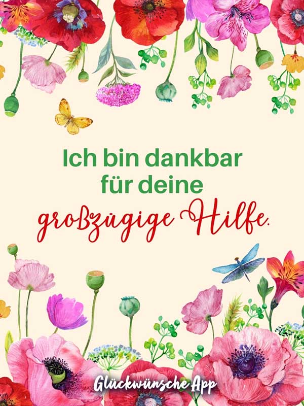 Blumenwiese aus Wasserfarben mit Danke Spruch „Ich bin dankbar für deine großzügige Hilfe."