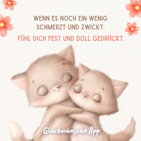 Zwei illustrierte Katzen, die sich umarmen mit dem Genesungswunsch "Wenn es noch ein wenig schmerzt und zwickt: Fühl dich fest und doll gedrückt."