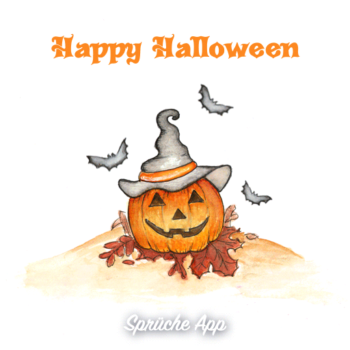 Kürbis mit Hut und Spruch "Happy Halloween"