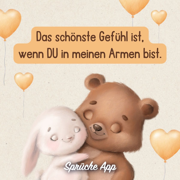 Illustrierter Bär und Hase, die sich umarmen mit Liebesspruch „Das schönste Gefühl ist, wenn du in meinen Armen bist."