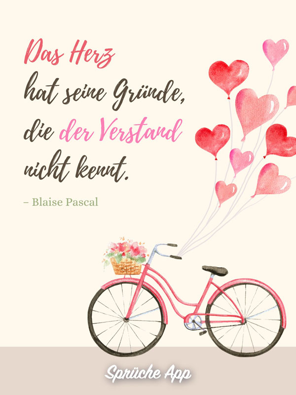Illustriertes Fahrrad mit Herzen und Liebesspruch „Das Herz hat seine Gründe, die der Verstand nicht kennt." – Blaise Pascal