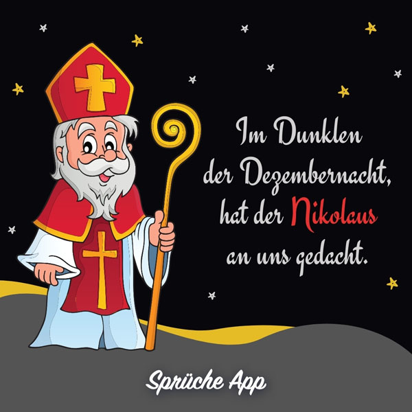 Illustrierter Nikolaus mit Spruch "Im Dunklen der Dezembernacht, hat der Nikolaus an uns gedacht."