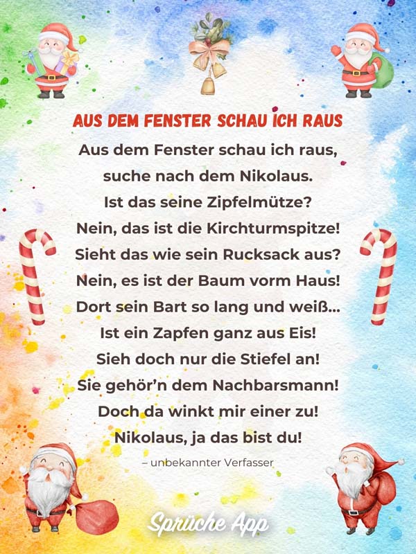 Illustrierte Nikolaus-Figuren mit Gedicht zum Nikolaus "Aus dem Fenster schau ich raus"