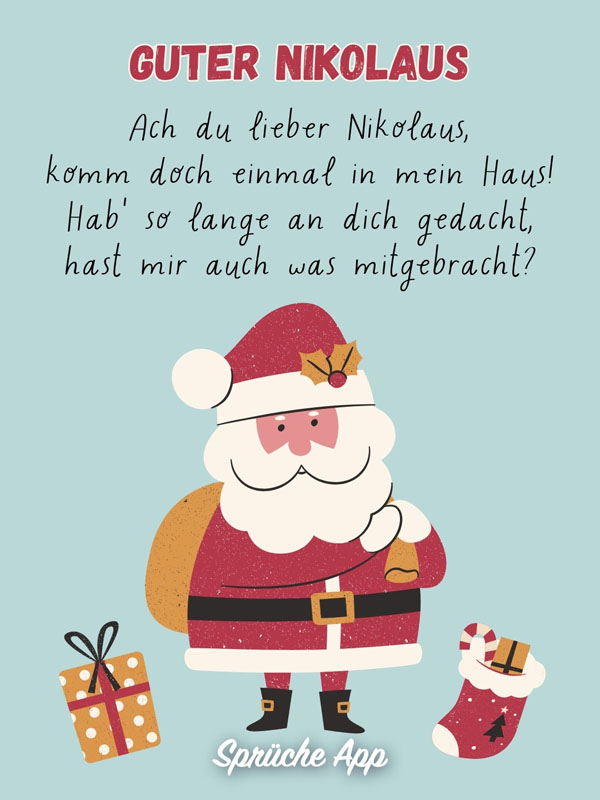 Illustrierter Nikolaus mit Geschenken und Gedicht "Guter Nikolaus"