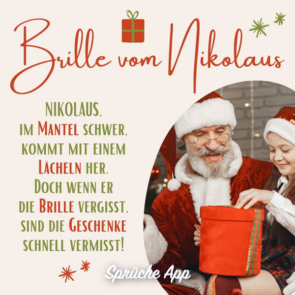 Nikolaus, der einem Kind ein Geschenk gibt mit Gedicht "Brille vom Nikolaus"