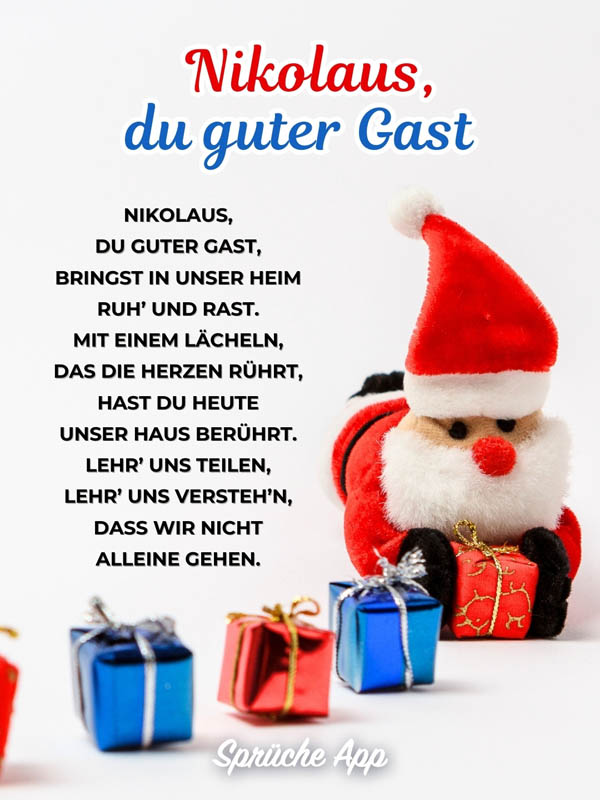 Plüsch-Weihnachtsmann mit Geschenken und Gedicht "Nikolaus, du guter Gast"
