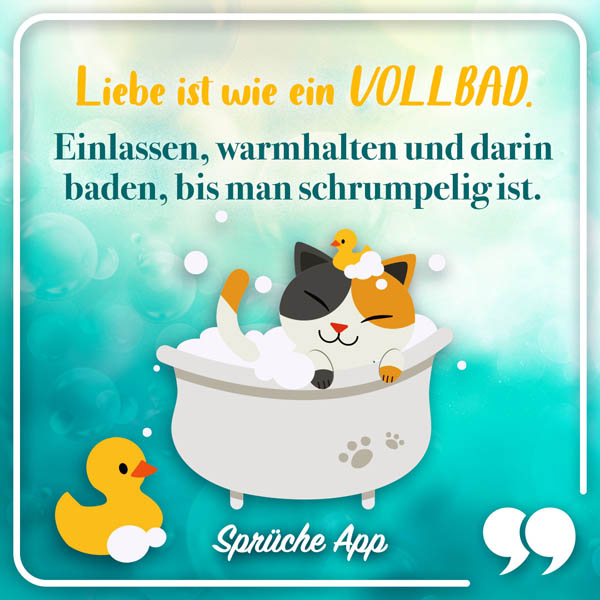 Illustrierte Katze, die in einer Badewanne sitzt mit Spruch "Liebe ist wie ein Vollbad. Einlassen, warmhalten und darin baden, bis man schrumpelig ist."