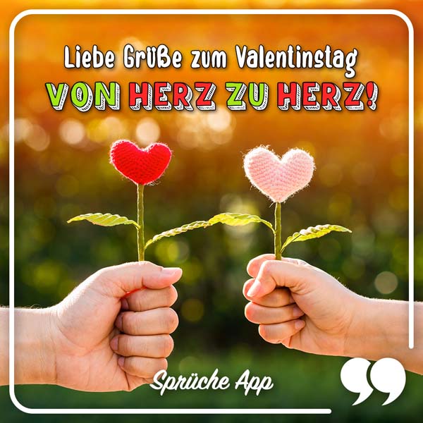 Zwei Hände, die Herz-Blumen halten und Liebesspruch „Liebe Grüße zum Valentinstag von Herz zu Herz!"