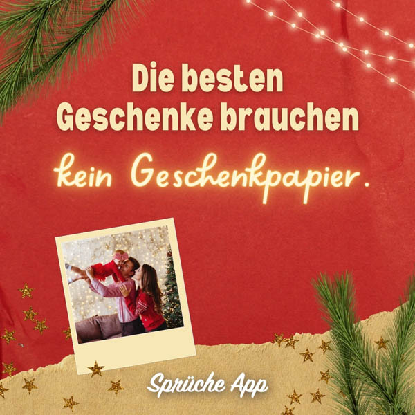 Weihnachtliches Polaroid-Foto einer Familie mit Spruch „Die besten Geschenke brauchen kein Geschenkpapier."
