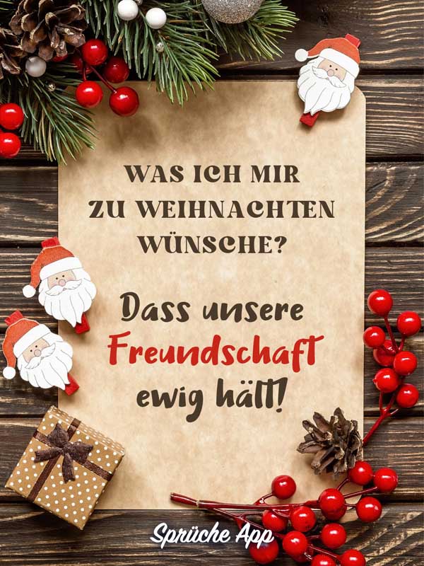 Weihnachtlicher Hintergrund mit Spruch „Was ich mir zu Weihnachten wünsche? Dass unsere Freundschaft ewig hält!"