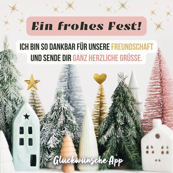 Weihnachtsdorf aus Keramik mit Weihnachtswunsch "Ein frohes Fest! Ich bin so dankbar für unsere Freundschaft und sende dir ganz herzliche Grüße."