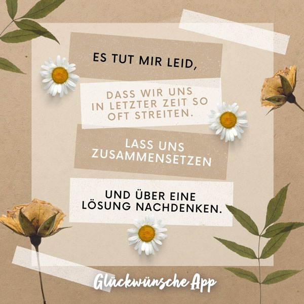 Blumen und Spruch: „Es tut mir leid, dass wir uns in letzter Zeit so oft streiten. Lass uns zusammensetzen und über eine Lösung nachdenken."