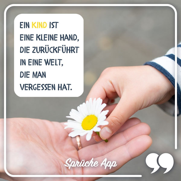 Kind, das ein Gänseblümchen reicht mit Spruch: „Ein Kind ist eine kleine Hand, die zurückführt in eine Welt, die man vergessen hat."