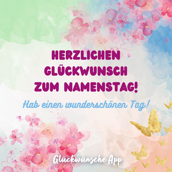 Abstrakter farblicher Hintergrund mit Text: "Herzliche Glückwünsche zum Namenstag! Hab einen wunderschönen Tag!"