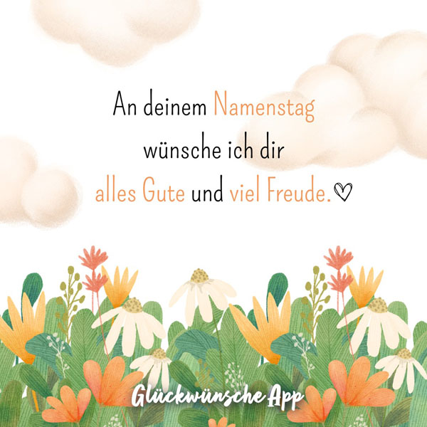 Illustrierte Blumenwiese mit Glückwunsch: „An deinem Namenstag wünsche ich dir alles Gut und viel Freude!"