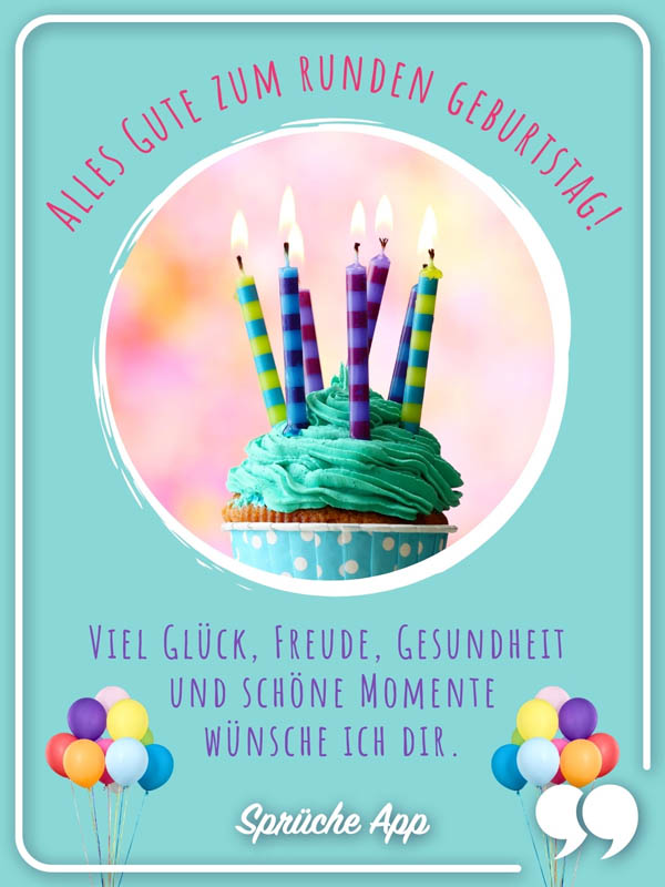 Digitale Geburtstagskarte mit Muffin mit Geburtstagskerzen und Text: „Alles Gute zum runden Geburtstag!  Viel Glück, Freude, Gesundheit und schöne Momente wünsche ich dir."