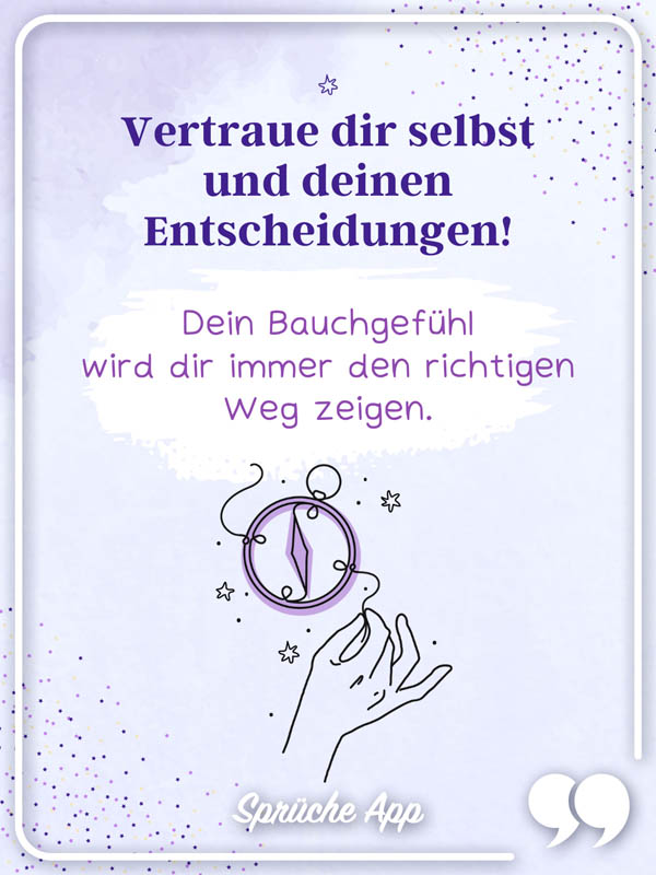 Illustrierte Hand mit einem Kompass und Selbstliebe Spruch: "Vertraue dir selbst und deinen Entscheidungen! Dein Bauchgefühl wird dir immer den richtigen Weg zeigen."