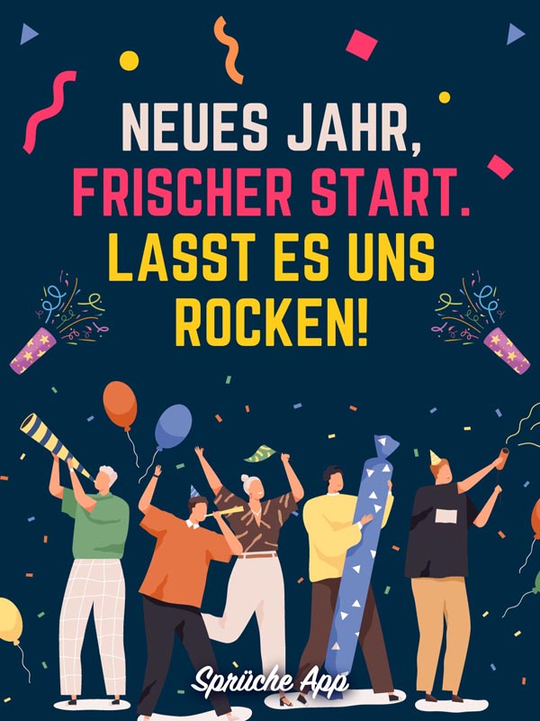 Illustrierte Menschen, die Silvester feiern mit Spruch: „Neues Jahr, frischer Start. Lasst es uns rocken!"