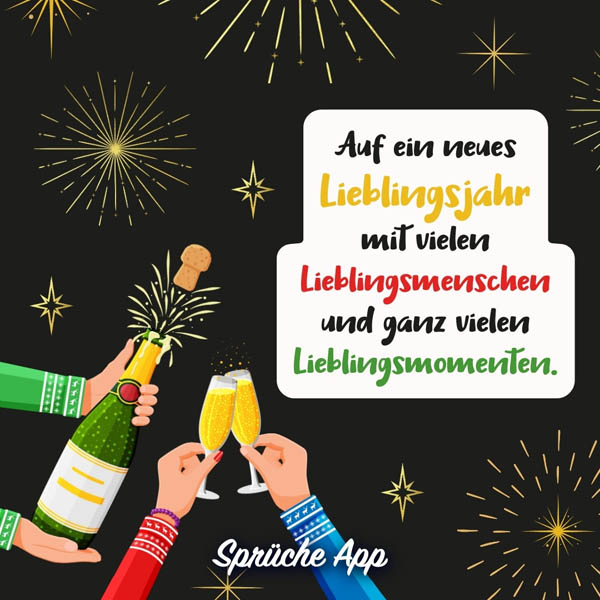 Illustriertes Feuerwerk und Sektgläser mit Silvester Spruch: „Auf ein neues Lieblingsjahr mit vielen Lieblingsmenschen und ganz vielen Lieblingsmomenten."