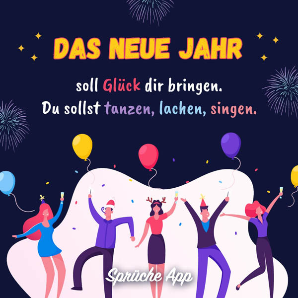 Illustrierte Menschen die feiern und Silvester Spruch „Das neue Jahr soll Glück dir bringen. Du sollst tanzen, lachen, singen."