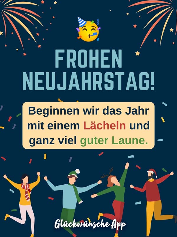 Illustrierte Menschen feiern unter einem Feuerwerk mit Gruß: „Frohen Neujahrstag! Beginnen wir das Jahr mit einem Lächeln und ganz viel guter Laune."