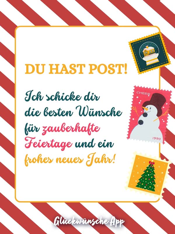 Weihnachtskarte mit dem Text: "Du hast Post! Ich schicke dir die besten Wünsche für zauberhafte Feiertage und ein frohes neues Jahr!"