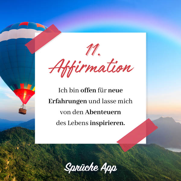 Heißluftballon der fliegt mit Text: Ich bin offen für neue Erfahrungen und lasse mich von den Abenteuern des Lebens inspirieren.