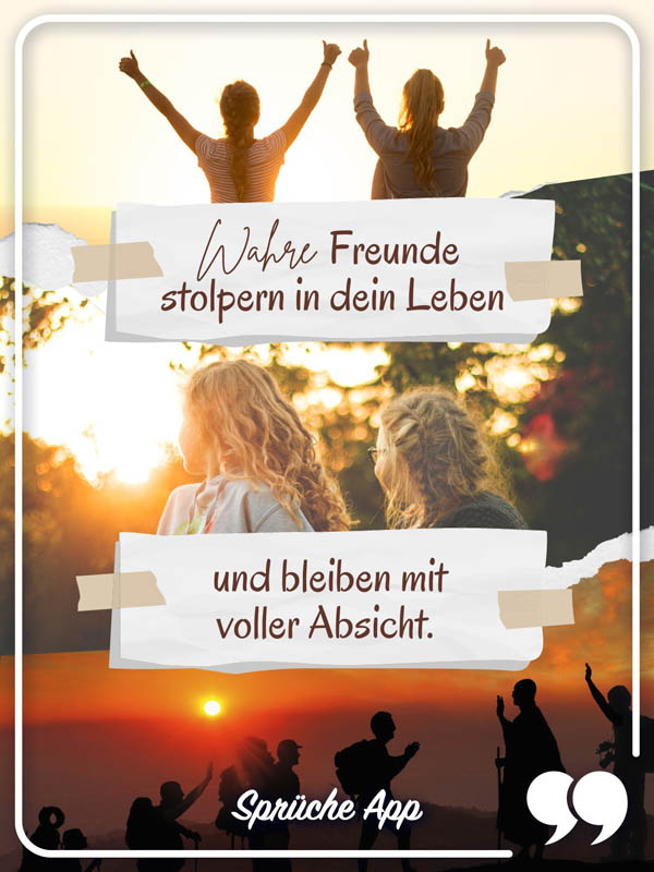 Freunde im Sonnenuntergang mit Freundschaft Spruch; „Wahre Freunde stolpern in dein Leben und bleiben mit voller Absicht."