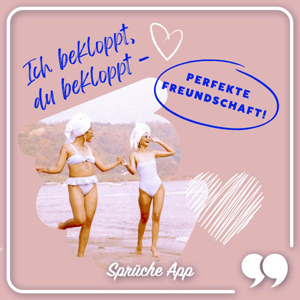 Zwei Freundinnen am Strand mit Text: „Ich bekloppt, du bekloppt – perfekte Freundschaft!"