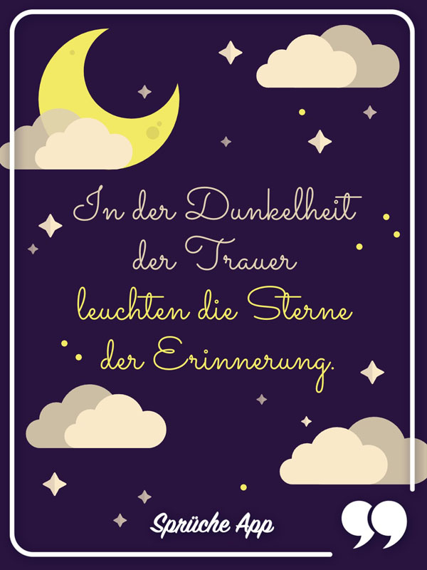 Illustrierter Nachthimmel mit Sternen und Spruch: „In der Dunkelheit der Trauer leuchten die Sterne der Erinnerung."