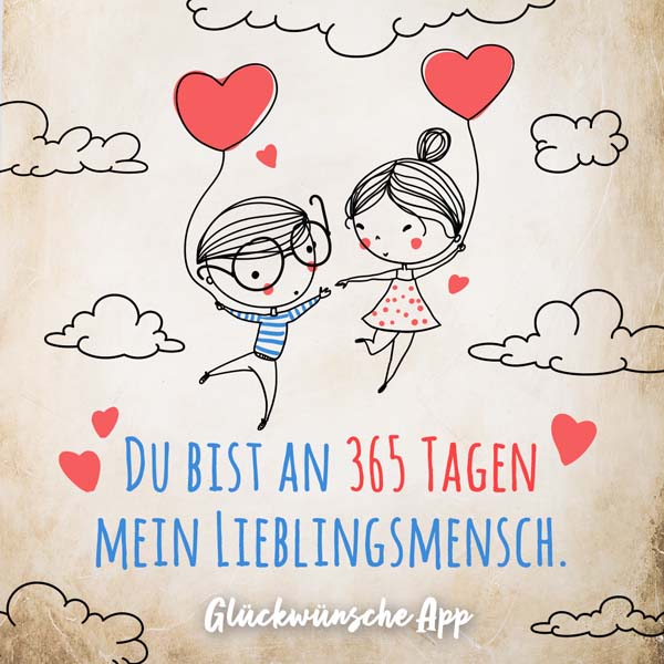 Illustriertes Paar, das mit Herz.Luftballon schwebt und Spruch: „Du bist an 365 Tagen mein Lieblingsmensch."