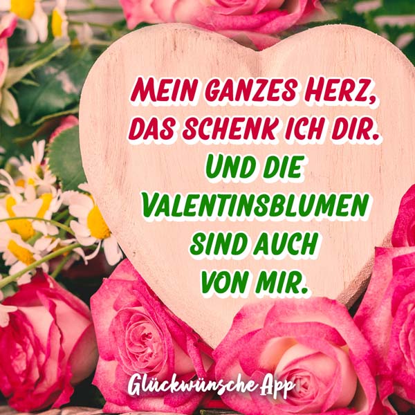 Rosen und Herz aus Hold mit Gruß zum Valentinstag: „Mein ganzes Herz, das schenk ich dir. Und die Valentinsblumen sind auch von mir."