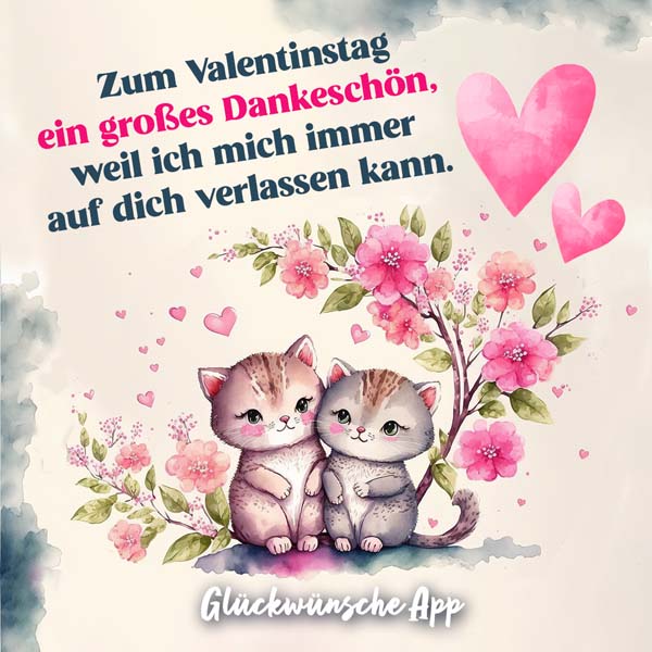 Zwei illustrierte Katzen und Gruß zum Valentinstag: „Zum Valentinstag ein großes Dankeschön, weil ich mich immer auf dich verlassen kann."