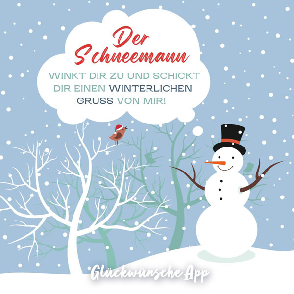 Illustrierter Schneemann mit Gruß: „Der Schneemann winkt dir zu und schickt dir einen winterlichen Gruß von mir!"