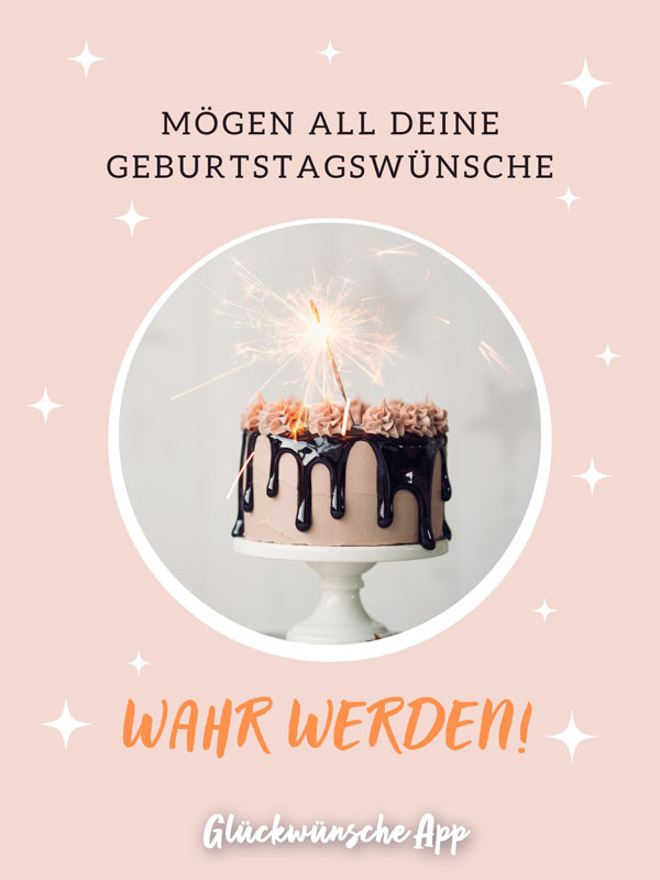 Rose Geburtstagstorte mit einer Spritzkerze und dem Glückwunsch zum Geburtstag: „Mögen all deine Geburtstagswünsche wahr werden!"