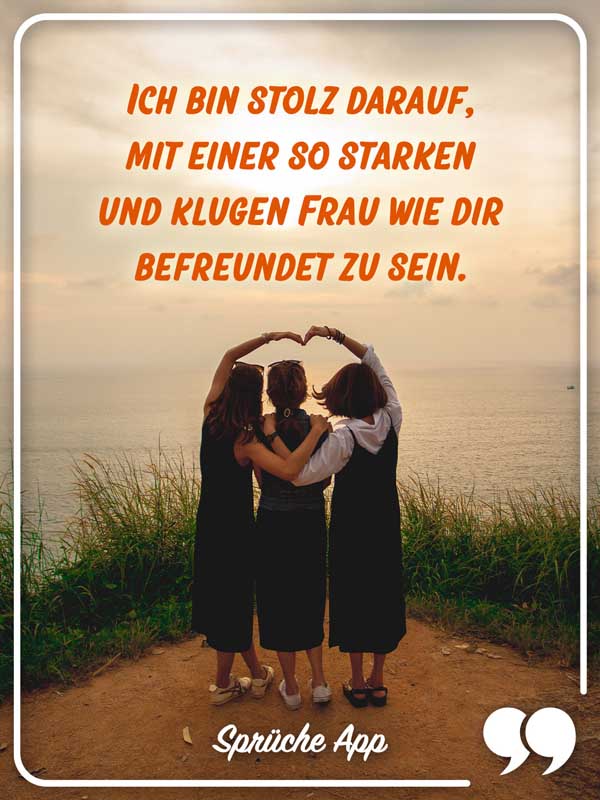 Drei Frauen, die vor dem Meer stehen mit Spruch zum Frauentag: „Ich bin stolz darauf, mit einer so starken und klugen Frau wie dir befreundet zu sein."