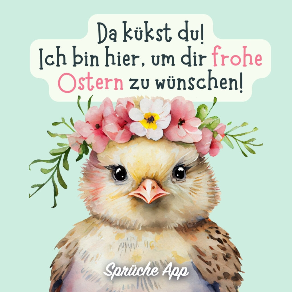 Illustriertes Küken mit Blumenkranz und Spruch: „Da kükst du! Ich bin hier, um die frohe Ostern zu wünschen!"