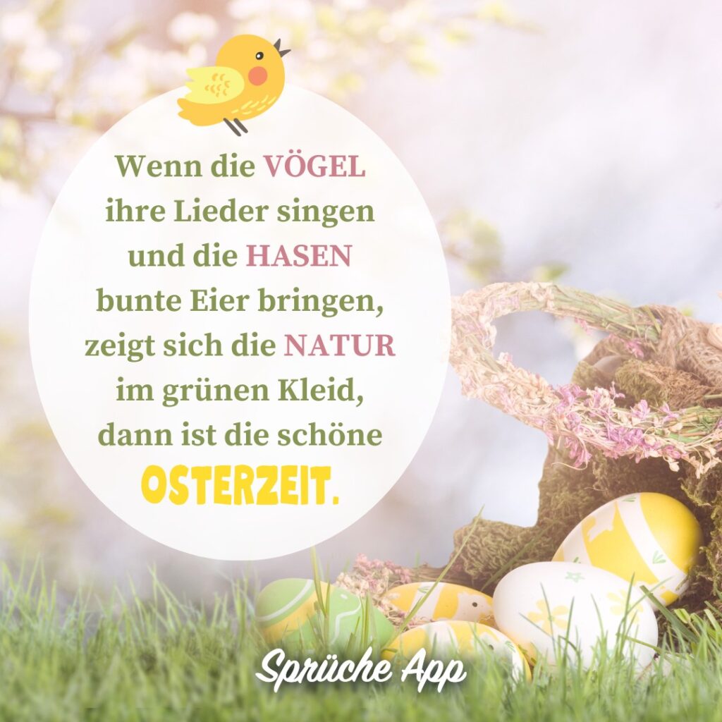 Osternest auf einer Wiese mit Spruch: „Wenn die Vögel ihre Lieder singen und die Hasen bunte Eier bringen, zeigt sich die Natur im grünen Kleid, dann is die schöne Osterzeit."