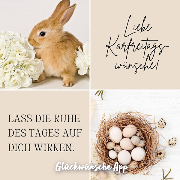 Hase und Osternest mit Eiern und Gruß: „Herzliche Karfreitagswünsche! Lass die Ruhe des Tages auf dich wirken."