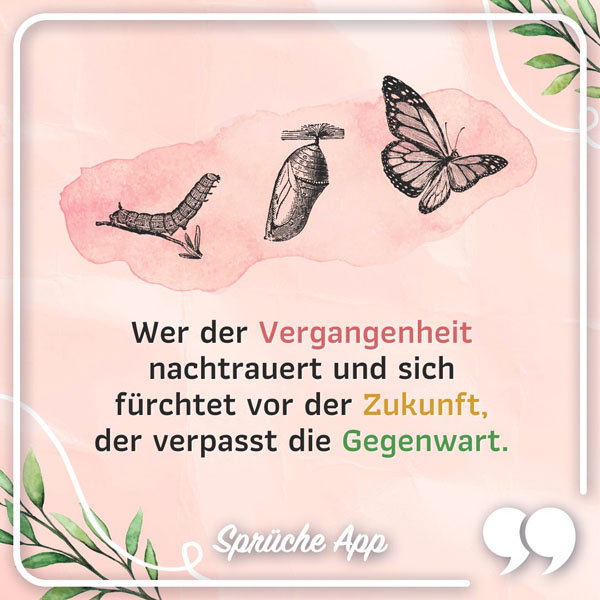 Illustrierter Schmetterling mit Spruch: „Wer der Vergangenheit nachtrauert und sich fürchtet vor der Zukunft, der verpasst die Gegenwart."