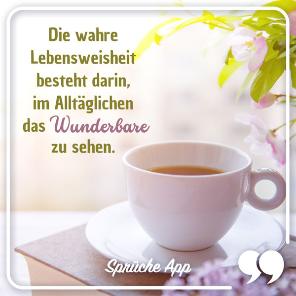 Kaffeetasse und Achtsamkeit Spruch: „Die wahre Lebensweisheit besteht darin, im Alltäglichen das Wunderbare zu sehen."