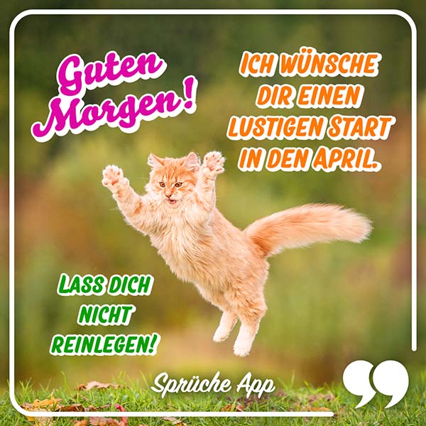 Rote Katze, die springt mit Gruß: „Guten Morgen! Ich wünsche dir einen lustigen Start in den April. Lass dich nicht reinlegen!"