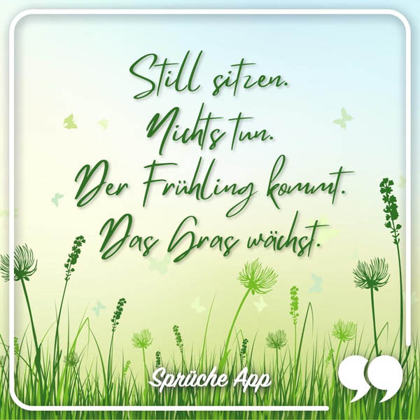 Gezeichnete grüne Wiese mit Spruch: „Still sitzen. Nichts tun. Der Frühling kommt. Das Gras wächst."