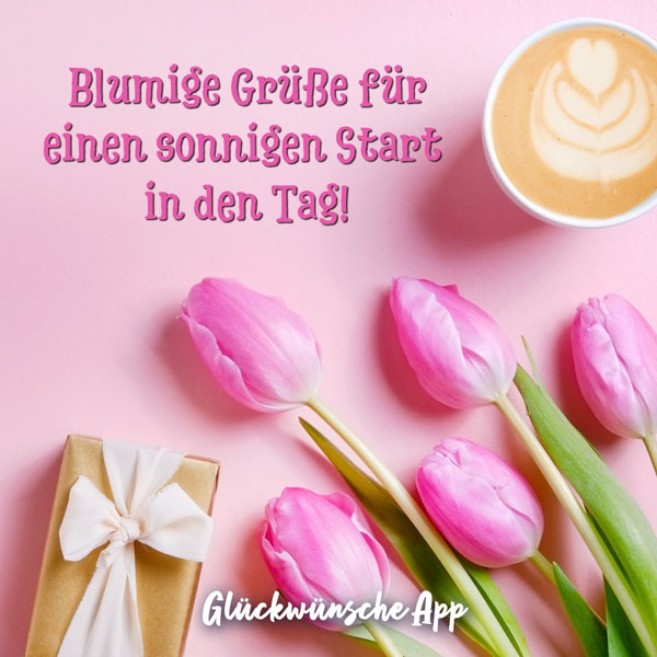 Rosa Tulpen und Kaffee mit Frühlingsgruß: „Blumige Grüße für einen sonnigen Start in den Tag!"