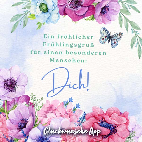 Illustrierte Blumen mit Spruch: „Ein fröhlicher Frühlingsgruß für einen besonderen Menschen - dich!"