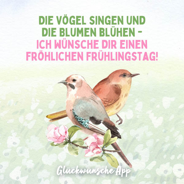 Zwei illustrierte Vögel mit Frühlingsgruß: „Die Vögel singen und die Blumen blühen - ich wünsche dir einen fröhlichen Frühlingstag!"
